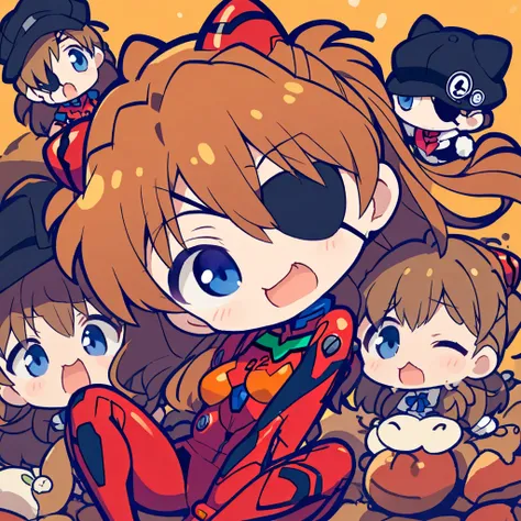  dynamic, Chibi Illustration  、  Neon Genesis Evangelion New Movie Version、 Shikinami Asuka Langley sitting by the wall、 red plug suit、Eye patch、（Cat hat、black）、