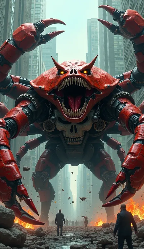 Marvel Punisher shaped like a raging crab roaring in the city