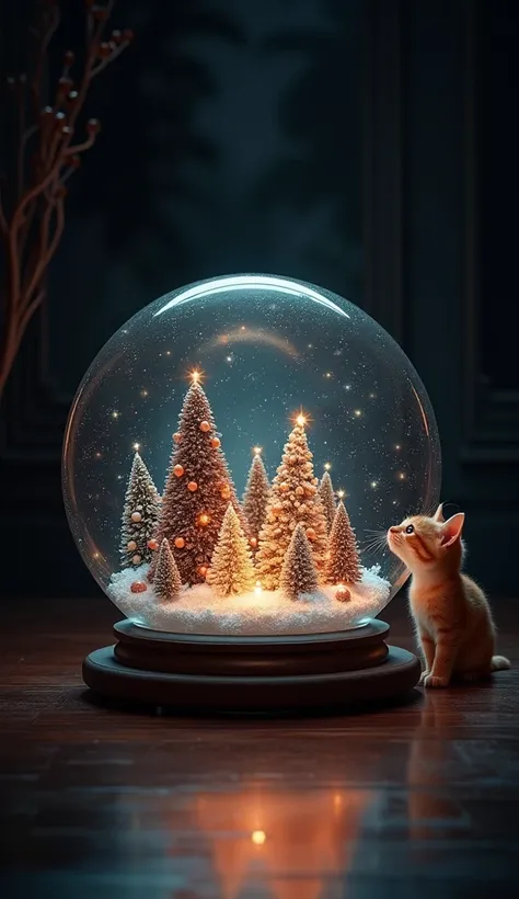 Christmas city view in a round sphere、beautiful、 is shining、 imaginary、High image quality、The background is a nice interior、Entirely black、猫が見てる