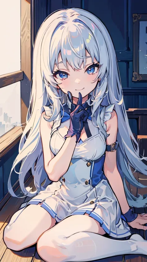  The quality is the best, masterpiece, 1 Girl,  unique , ferry, Long hair, ferryBase, Over the knee socks,  bare shoulders , Jewelry, sleeveless,  white dress,  blue dress , Gloves, floor room, floor, Wooden floor, Sitting, Sitting on floor,  place your ha...