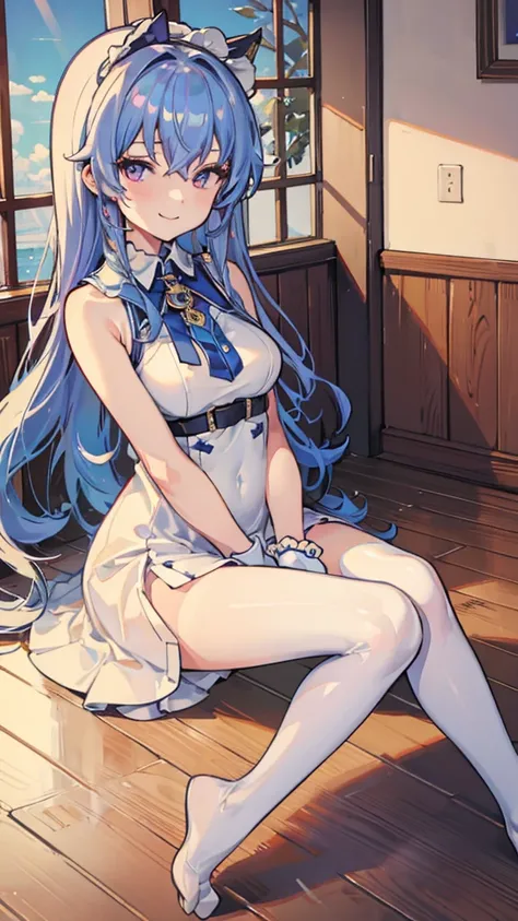  The quality is the best, masterpiece, 1 Girl,  unique , ferry, Long hair, ferryBase, Over the knee socks,  bare shoulders , Jewelry, sleeveless,  white dress,  blue dress , Gloves, floor room, floor, Wooden floor, Sitting, Sitting on floor,  place your ha...