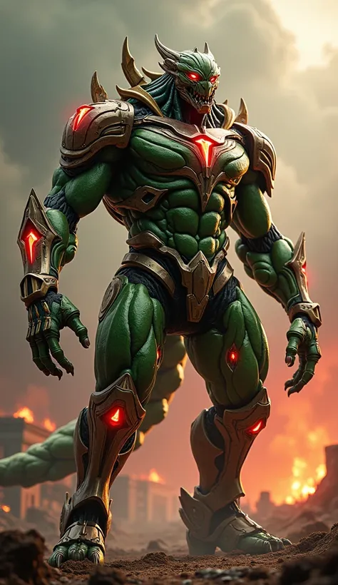 Create a hybrid creature that merges features of a sleek, futuristic armored suit with glowing red and gold highlights and a massive, muscular green-skinned monster. This fusion should have the metallic elements blending seamlessly with the organic green m...