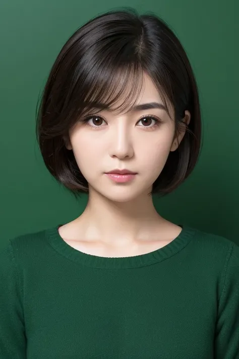 Face-to-face photo 。ID photo of a plain and expressionless 35-year-old long-faced woman from Japan。 short hair, dark hair, thick eyebrows, and adult-like。 emerald green１ simple background 。