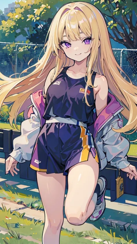 masterpiece,  The quality is the best, 1 Girl,  unique ,  teenagers in the grass, One quarter of Japanese, blond, Long hair,  purple eyes , Partial bangs, Short bangs,  Smile,  medium breasts,  athletic ,  Bruma, Outdoors, track and field,  Confidence 