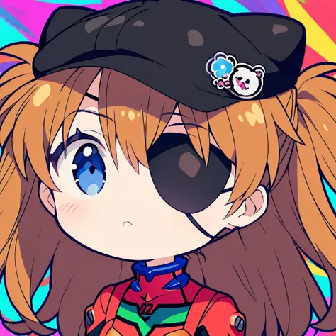  dynamic, small illustration   、   Neon Genesis Evangelion: New Movie、  1 girl 、 Shikinami Asuka Langley red plug suit、Eye patch、（Cat hat、black）、 colorful background