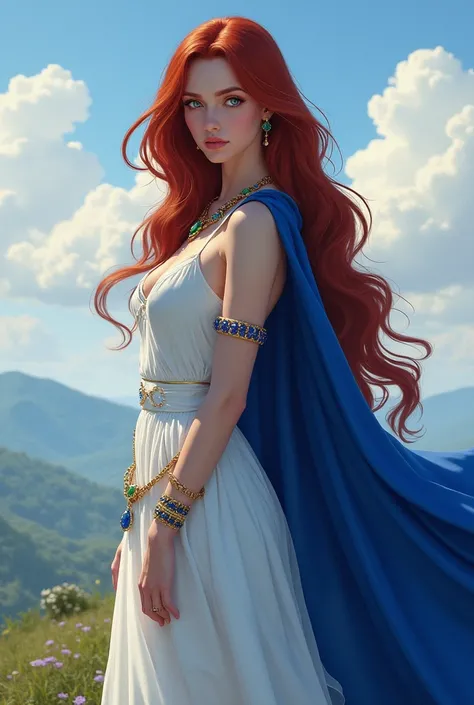 Femme aux cheveux longs lisse et de couleurs rouge foncé, elle a des yeux bleus profond, elle est mince et élancée, elle porte uniquement un légère robe blanche et bleu royal, elle porte un petit collier démeraudes et des petits bracelets dor et de Saphir,...