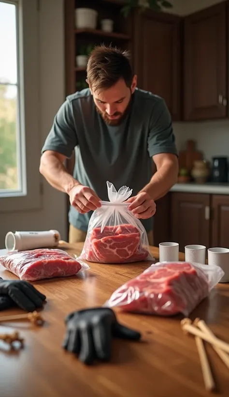  Messi places the bags with the pieces of meat on his table at home  on a wooden table. On the table there is a black glove , make, small bamboo skewers and some white containers to place the meat  