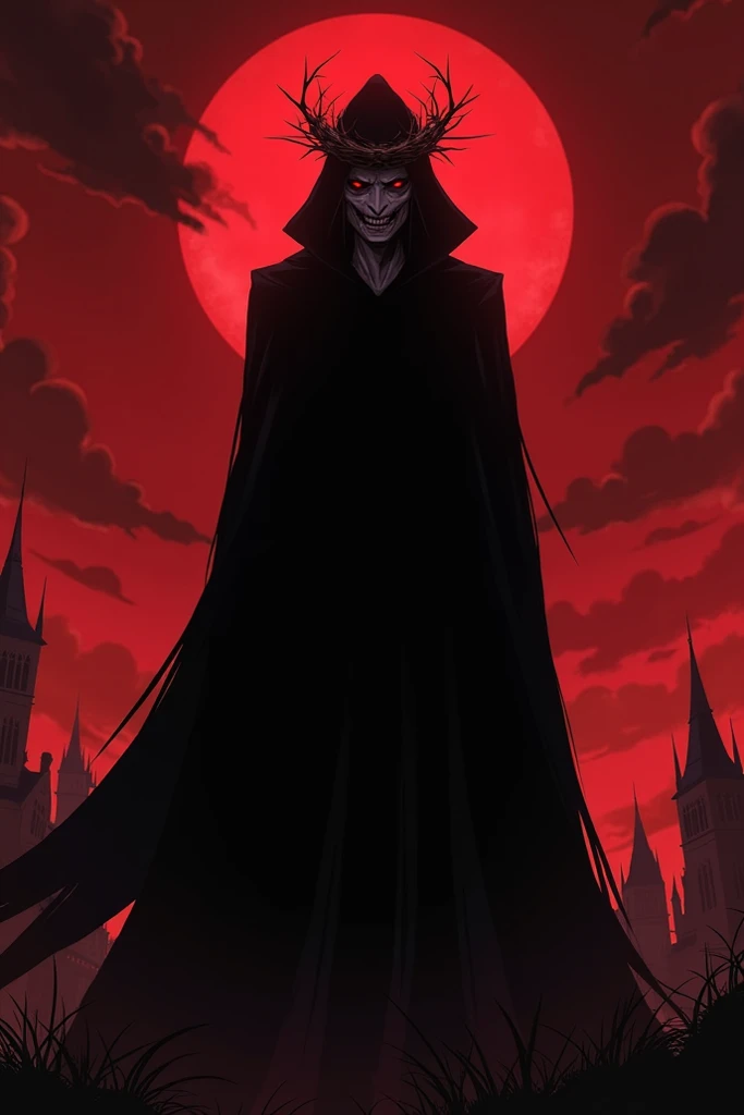 Anime style, black cloak, crimson eyes, crown of thorns, creepy smile, tall, red sky