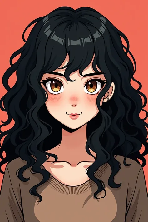 comic book style, Girl in 14 ,  white skin ,  curly hair type 3B long , black ,  brown eyes ,  calm but penetrating look , clothing not revealing , warm expression