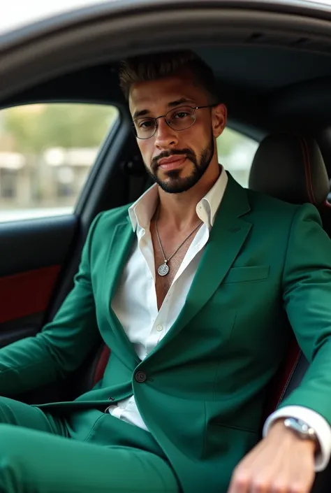  Wearing the model photo ,  place a 37-year-old man inside a luxury car,  wearing a suit in a shade of green ,  white shirt without ties ,  the shirt must have some buttons open ,  showing a silver pendant ,  he must have an athletic physique , be smiling 