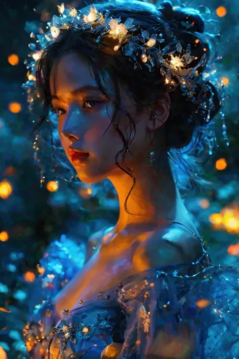 A full-body portrait of a woman in a moonlit garden, silk gown shifting colors, adorned with crystal-adorned midnight blue hair.bare skin