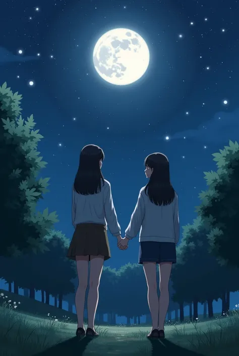 bottom:  That it measures 512x800 and its a park at night and let you see the moon; a bright night with stars . 

Let them be two realistic Korean girls holding hands ,  looking straight ahead while the moonlight . 