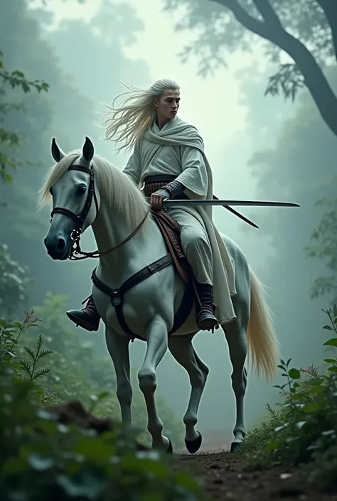 A young man on horseback ,  with a full white cloak of war clothing on his body , carrying a very long samurai sword in his right hand and an arrow on his back shoulder . very handsome face , long hair of white color unraveled backwards ,  Flashing in the ...