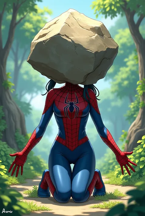 girl, anime, Gwen, adolescent, Dressed as Spiderwoman ,  a big rock replaces his head , kneeling,  with arms extended , The big rock completely replaces his head, his head is not visible because the Graden rock completely replaces it, Belem blue shoes