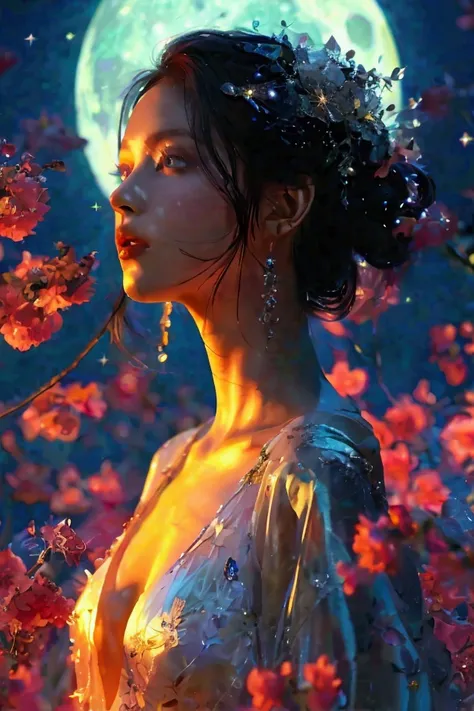 A full-body portrait of a woman in a moonlit garden, silk gown shifting colors, adorned with crystal-adorned midnight red hair.bare skin