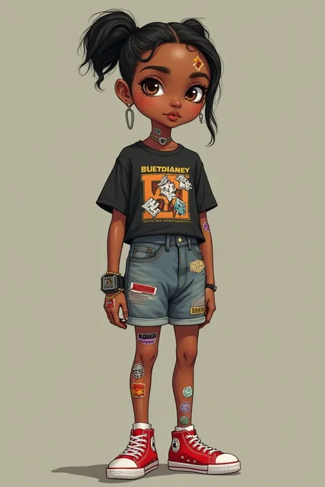 
*Character description
Light brown eyes 
Light brown hair - Grunge undercut 
Wears a lot of colorful stickers 
Tan brown skin 
Red sneakers 
Knee length shorts
Band T shirt
Extraordinarily Beautiful 
5’9.*