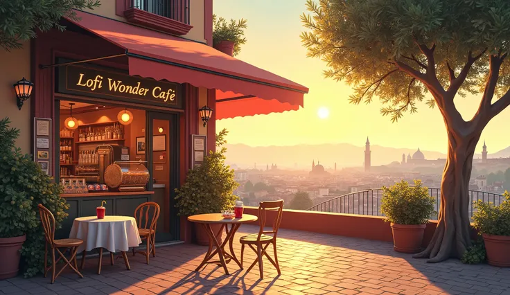  A classic café nestled on cobblestones in Florence, Italy,The sign reads:「Lofi Wonder Cafe」, morning time,Around 9 a.m. , bright ,Beautiful sunrise , there is a round table and chair on the terrace , olive trees swaying , there is a small coffee stand whe...