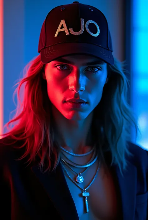 surreal Long-haired fashion male mid close up sexy body with black AJO Gold chain with diamond in her neck wearing a cap writing AJO ,rose gold stainless, night scene with the night blue and red light
