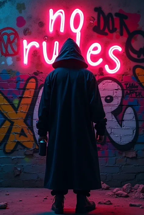 The figure stops in front of a graffiti wall with the words "No rules" painted in huge letters. Glowing neon 
They pull out a spray can and add their own: "Wear the Warning."