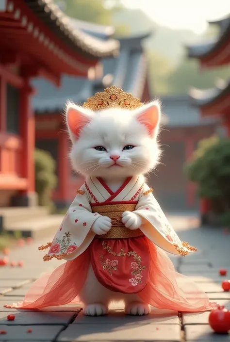 A white kitten wearing a Japanese bridal costume is standing facing the front, cute,smile,whole body,Alone, real,The background is a shrine