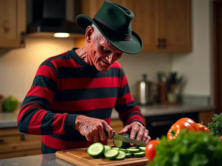 Create a realistic image of Freddy Krueger in a kitchen, slicing cucumbers with his iconic glove blades. The kitchen is modern and well-lit, with a cozy and casual atmosphere. Freddy is wearing his signature striped sweater and hat, but his demeanor is une...