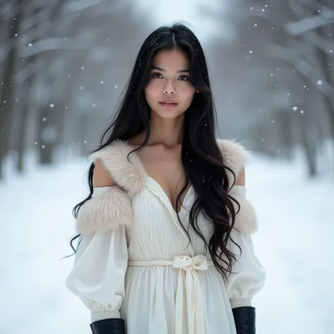 25 years old beautiful girl, not suitable for work, jet black long hair, 4K high definition masterpiece, excellent quality, smooth skin and sharp focus (natural light, beautiful light, very good light), dynamic angle, detailed face 1.2, snowy field backgro...