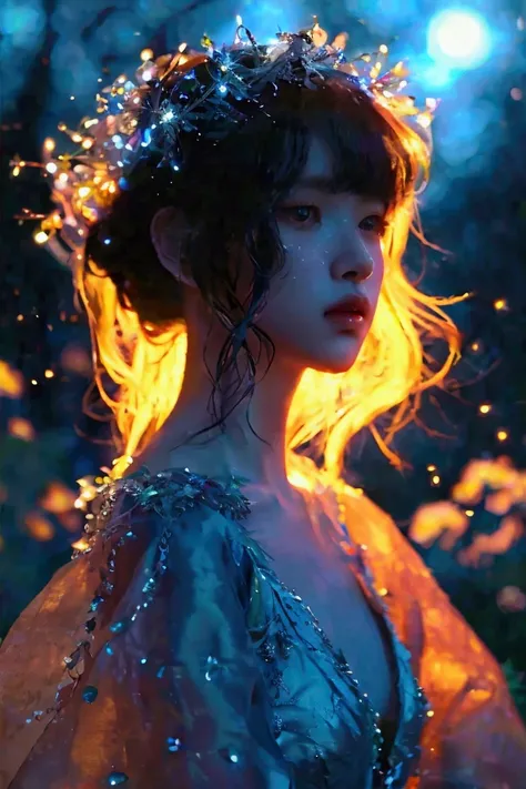 A full-body portrait of a woman in a moonlit garden, silk gown shifting colors, adorned with crystal-adorned midnight green hair.bare skin