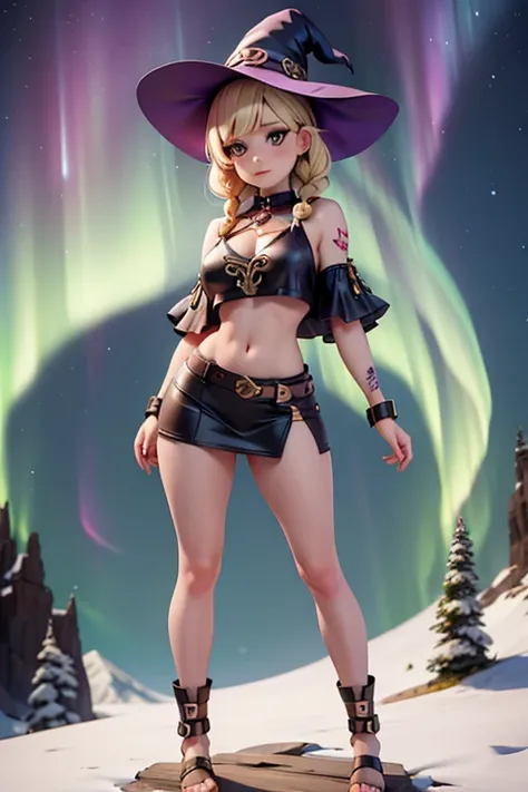 witch girl, albino, blonde, braids,  side-cut hair, animal skin mini skirt , cropped top de pele animal, tattoos vikings, low waist,  medium tits,  medium tits, flat breasts,  visible navel,  shapely legs ,   thick legs   , long legs, The northern lights, ...