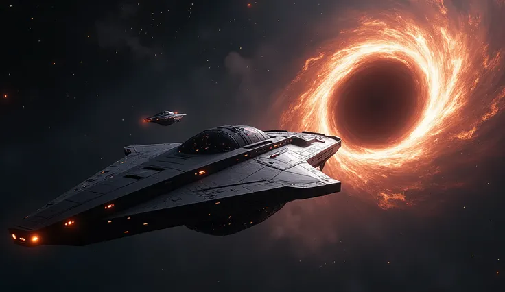 A spaceship in space entering a black hole 