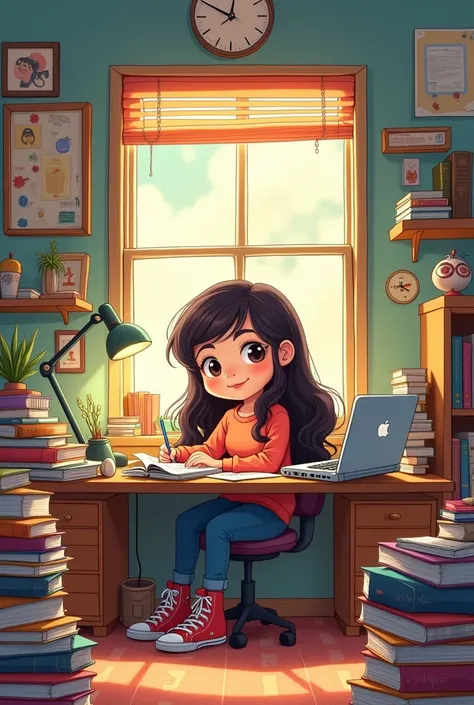 A portrait of Ae, a 15-year-old girl with long hair, sitting at a desk cluttered with books and a laptop. The room reflects her interests—posters on the walls, a small bookshelf filled with novels, and a window showing a sunny day outside. Cartoon