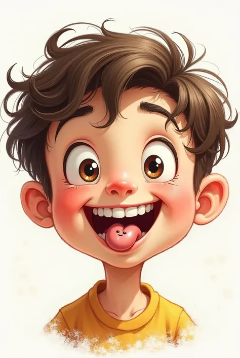 Make a boy drawing style ,  with a euphoric expression and with a piece of paper with a happy face design on his tongue