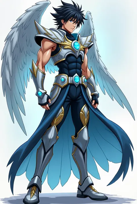  Full body image , full size ,  From head to toe ,  in profile and in front of , Young boy, , male anime character , strong, athletic and handsome ,  wearing armor inspired by the style of the knights of the zodiac  (Saint Seiya),  armor based on his anima...