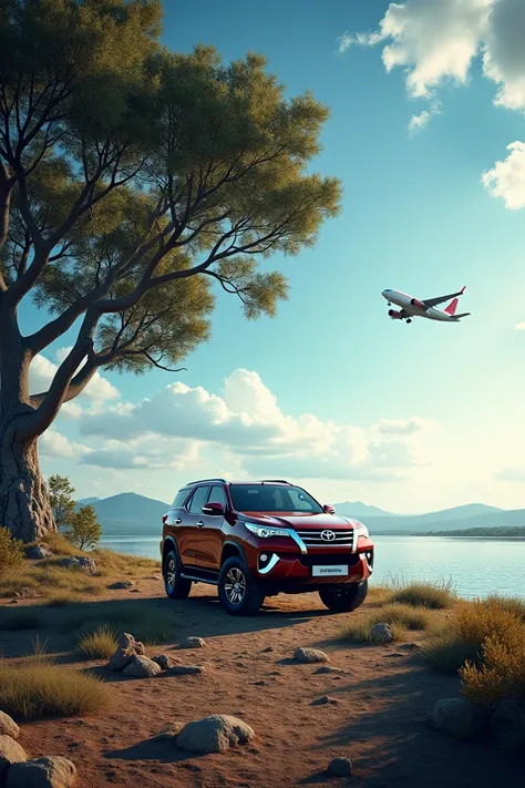 Fortuner between a tree and sky fly airplane and water