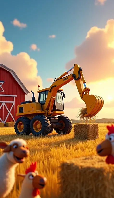 "A friendly Pixar-style excavator working on a vibrant farm, using its bucket to lift hay bales and place them into a barn. It’s surrounded by animated farm animals like curious cows, playful chickens, and a sheep happily watching. The setting includes gol...