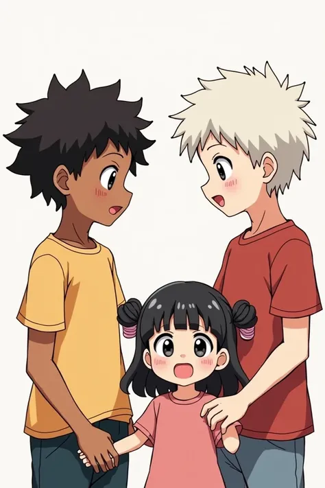  image with Two boys and a girl a brown boy with short black hair with curlers another white boy with short hair and the tallest of the three and the girl the shortest of the three with lenses her hair of curlers and black reaches her shoulders to draw the...