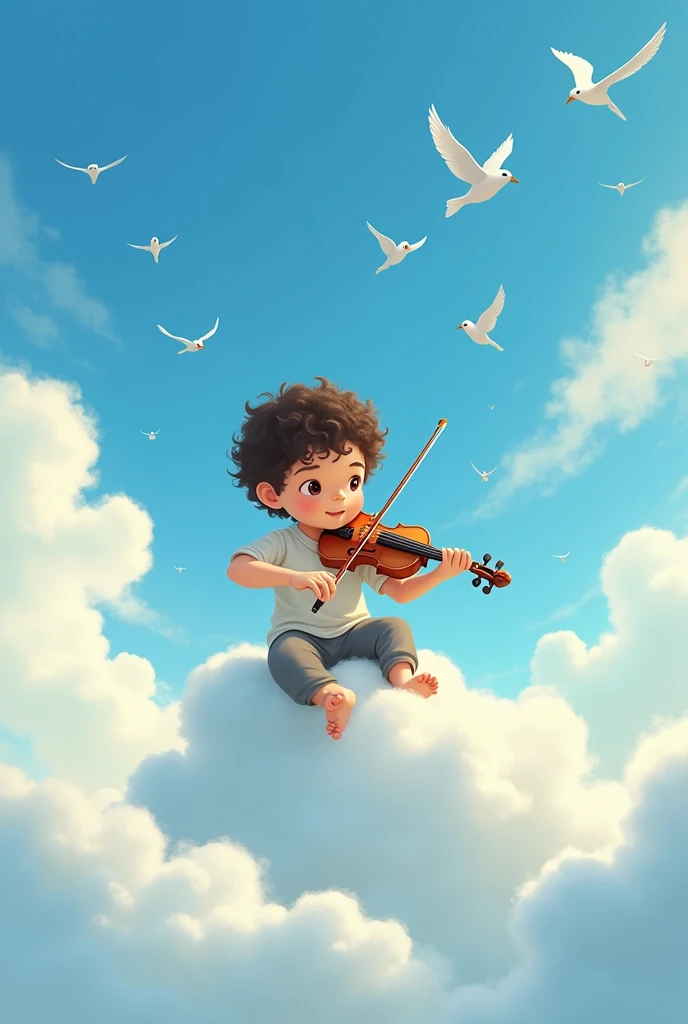 A beautiful boy Curly hair, height 5.1 , short hair and a little chubby, playing violin on a beautiful cloud, with birds flying over her. Ghibli type animation style. 