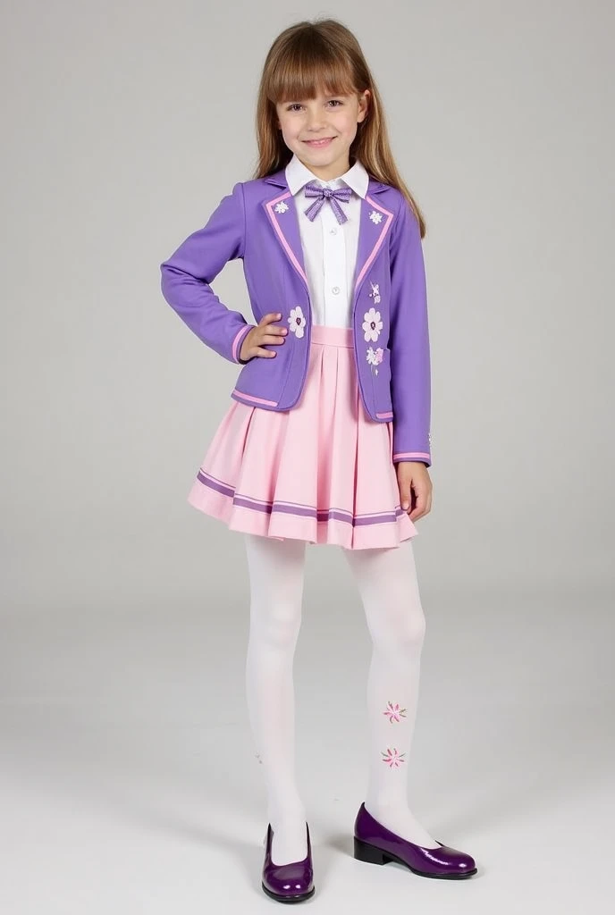  Description of the uniform :
- Colors: Soft pink and white ,  with pastel purple details . 
- Skirts :  A short attached pink skirt. 
- blouse :  A white blouse with a purple ribbon around the collar . 
 - Jacket :  A lightweight college style jacket in p...