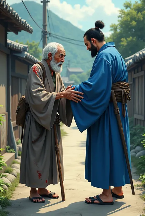  An elderly villager , wounded, He crosses paths with the samurai in the blue kimono and asks for his help and for the cartoon to be animated
