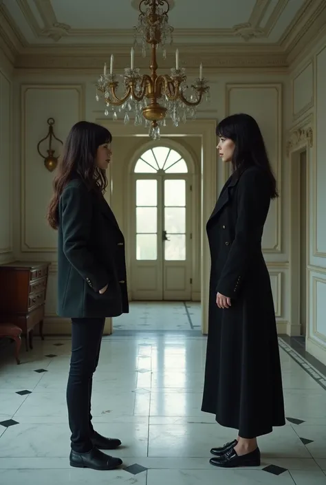 19-year-old girl in a black jacket talking to a 39-year-old lady with black hair and white complexion ,  inside a large living room with white marble tiles with black diamonds an abandoned but not so worn out mansion, 