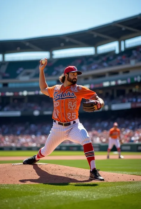 A photo of a player from a non-existent fictional professional baseball team, throwing a ball on the field.