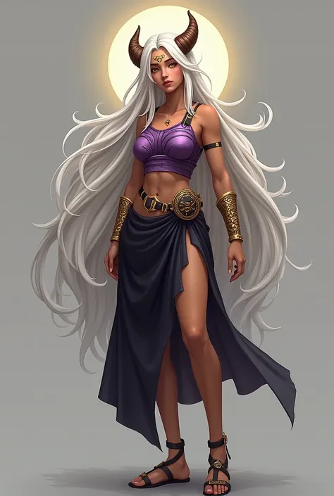  A Greek brown girl teenager, with white long hair, yellow eyes, a bull horn, a halo, a purple armor, sleeveless, a black skirt, sandals and Gold bracelets. 