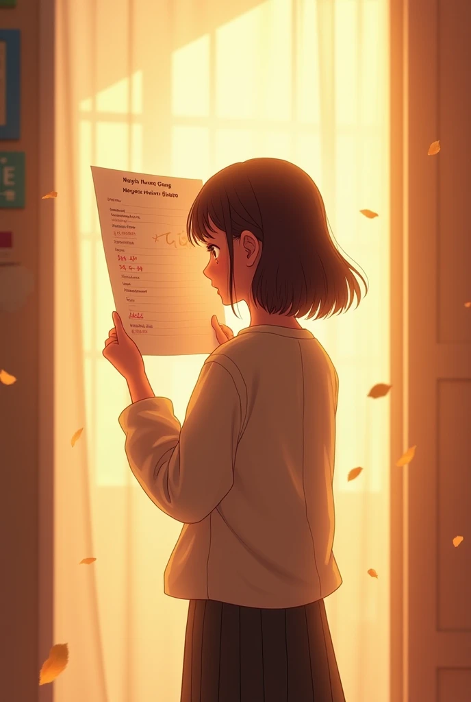 animation. background: a girl is turning her back to read her report card with a proud look, with a light behind her, her eyes sparkling, the report card in her hand is the report card of 5 subjects: intellectual property, international law, civil procedur...