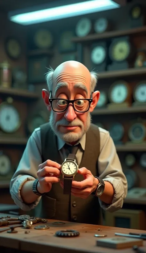 Prompt 1: Create a Disney Pixar style medium shot of an elderly jeweler (bald, glasses, wearing a magnifying lens) holding the old watch in a small, cluttered repair shop filled with tools, watches, and clock parts. The subject is placed center-frame, and ...