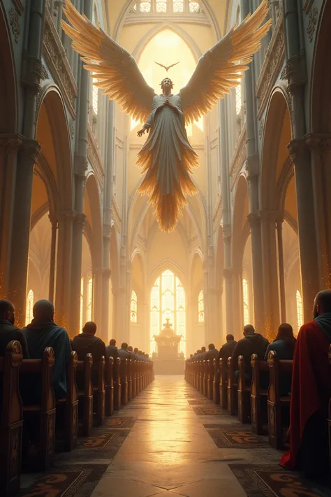 A beautiful church with people kneeling to pray and angels protecting them from above