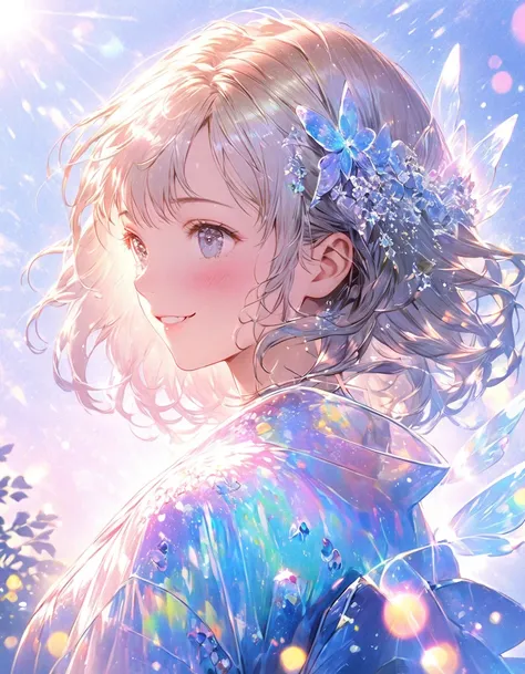 Tsundere、Gal、Bokeh, depth、Portraiture、Lens flare、Detailed illustrations、Realistic depiction、Depiction of everyday life、Cute fairy with a sense of transparency、Bright smile、Have fun playing、Beautiful background、Bright background、Iridescent background、a beau...