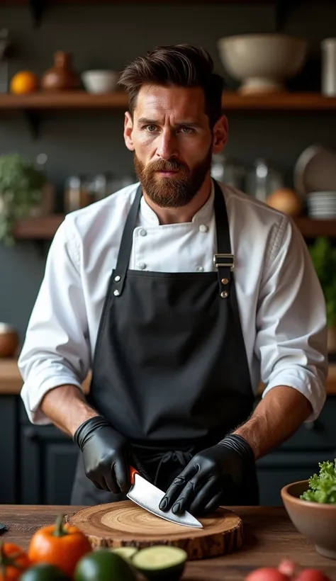 Lionel Messi looks calm and puts on a black glove,  takes a wooden board and a knife  "Messi, wearing a black chefs glove ,  holds a rustic wooden board in one hand and a sharp knife in the other.  He is positioned in an elegant kitchen ,  with attention t...