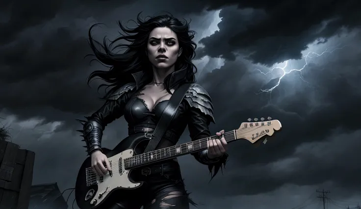 comics art, dark fantasy scene, a girl warrior playing electric guitar under the moonlight, wearing a torn black outfit, dramatic moody lighting, dark clouds, rain, wind, powerful, cinematic, dramatic, emotional, intricate details, photorealistic, 8k, mast...