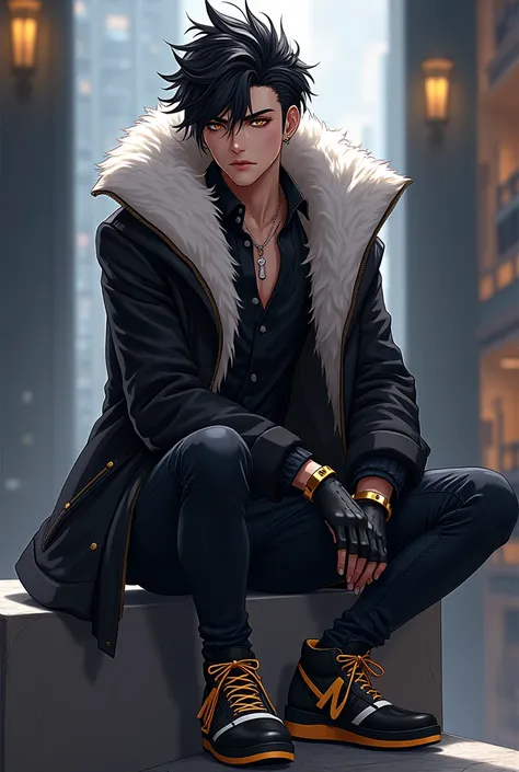 hot teen, anime, male, black hair, gold eyes, black coat with white fur, black jeans, black and gold sneakers 