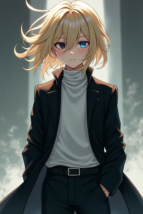  A boy with long hair and smooth light blond,  a blue eye and a black eye ,   with symbols such as a tattoo on the hand ,  black overcoat , white turtleneck shirt and black pants, manga style.