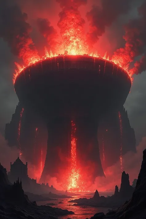 It generates a base like a large stadium all covered in black with red flares and bursting into fiery flames with the faces of red monsters next to it